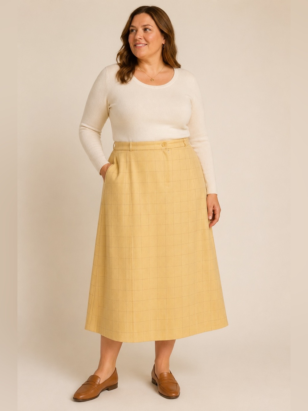 Pendleton Plus 16W Yellow Windowpane Wool Silk Blend Midi Skirt USA
